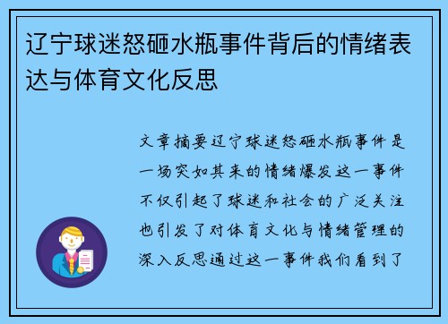 辽宁球迷怒砸水瓶事件背后的情绪表达与体育文化反思