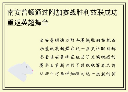 南安普顿通过附加赛战胜利兹联成功重返英超舞台